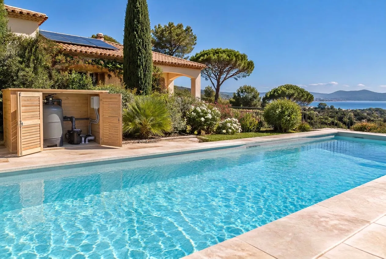 Illustration : piscine de villa en plein soleil, local technique de filtration ouvert au bord du bassin