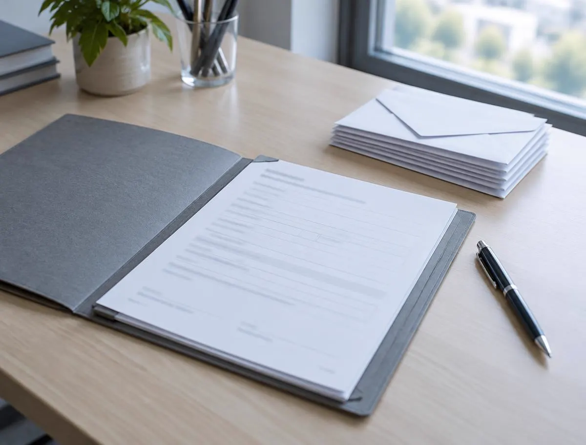 Illustration : un dossier administratif, un stylo et une pile d'enveloppes sur un bureau