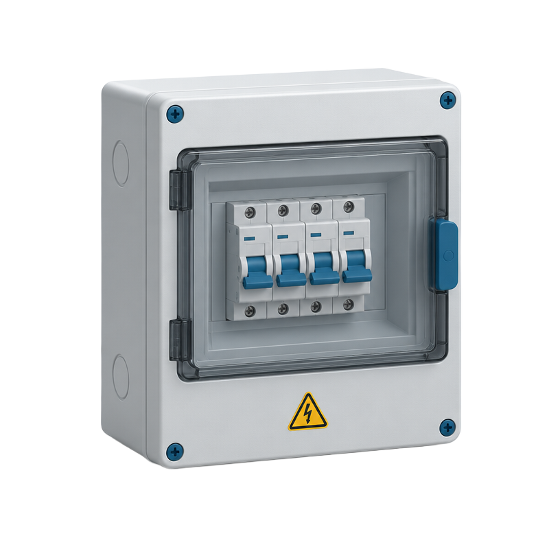Illustration : coffret électrique à porte transparente avec quatre disjoncteurs