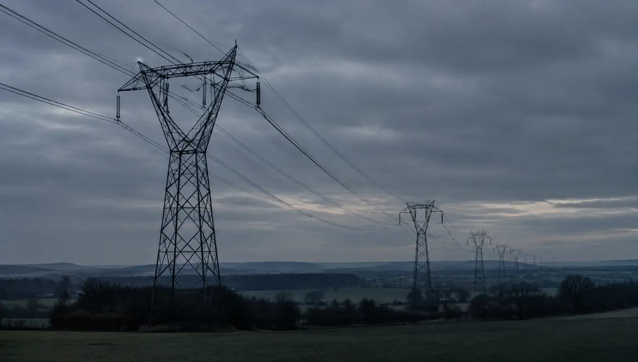 Pylônes et lignes électriques au crépuscule, ciel gris et froid