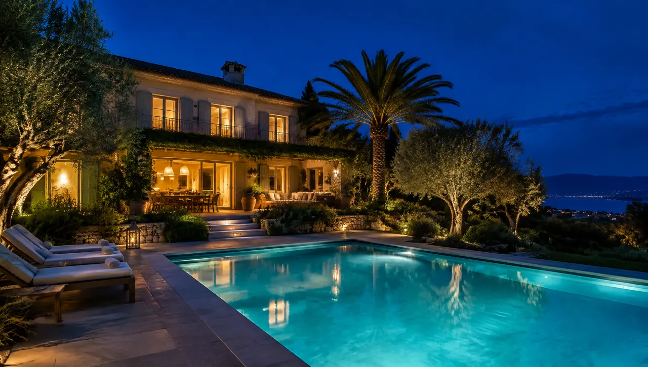Villa de la Côte d'Azur éclairée le soir, piscine illuminée, ciel bleu nuit
